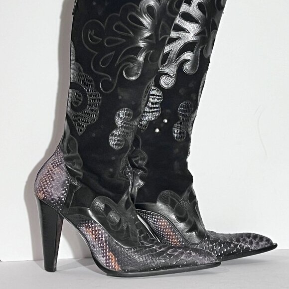 Steve Madden Rare Blk/Grey Cowboy Western High Heel Pointed Toe Leather Boot 8 - Picture 10 of 15